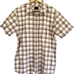 Prana Bryner Casual Button Down Shirt Brown Plaid Lightweight EUC